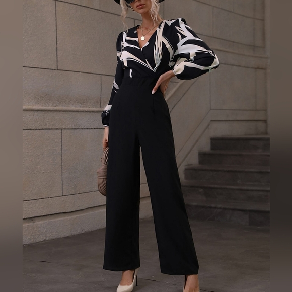 Pants - Clasi Graphic Print Surplice Neck Lantern Sleeve Jumpsuit